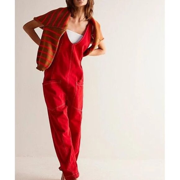 FREE PEOPLE - We The Free High  Red Women's Jumpsuit harem crotch   Size L EUC - Picture 1 of 13